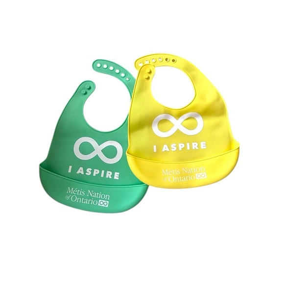 Teal and Yellow Métis Nation of Ontario Baby Bibs with Food Pouch - Picture 1 of 5